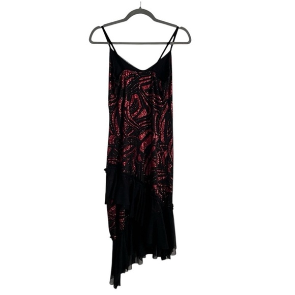 Dresses & Skirts - Y2K Black Red Glitter Asymmetrical Dress Ruffle Hem Spaghetti Strap Party Dress